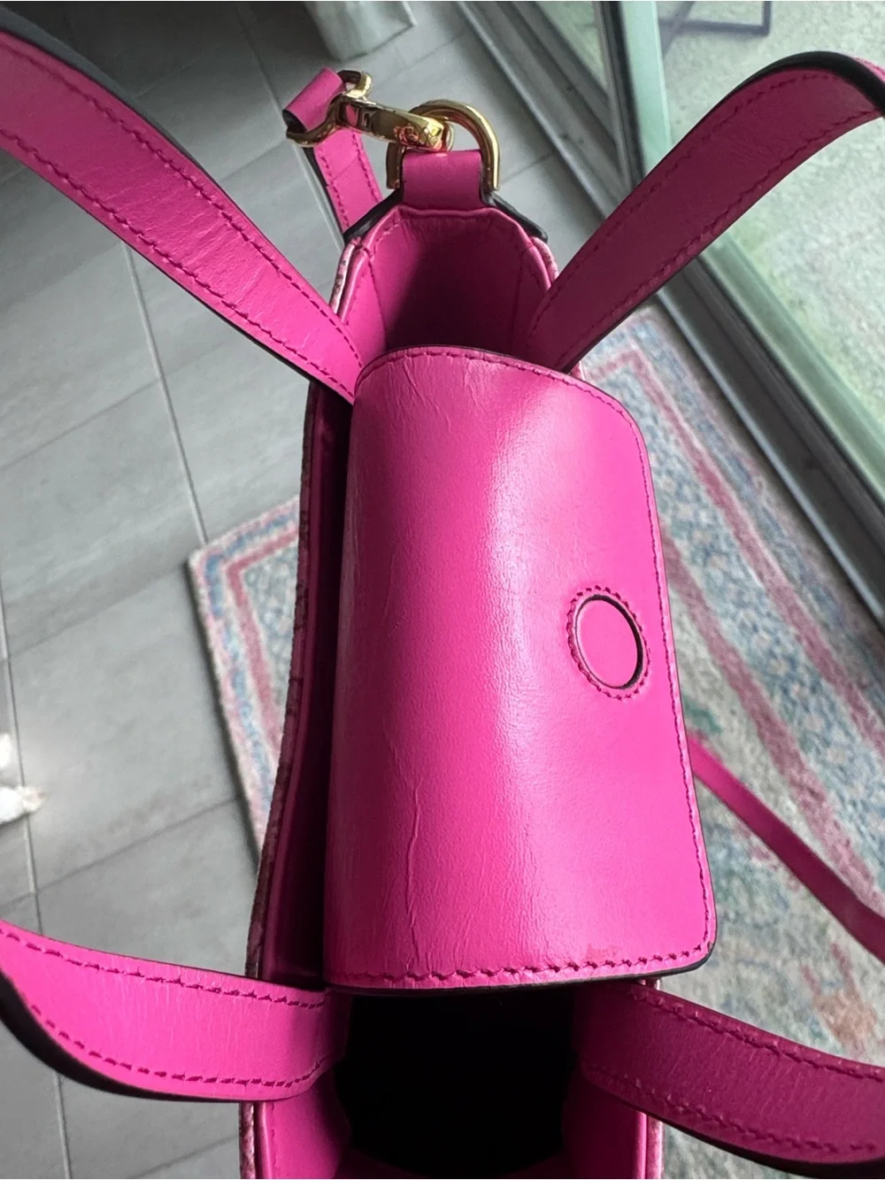 Versace Pink Glossy Tweed and Leather-Trim Two Way Bag with Gold Medusa EEEUC